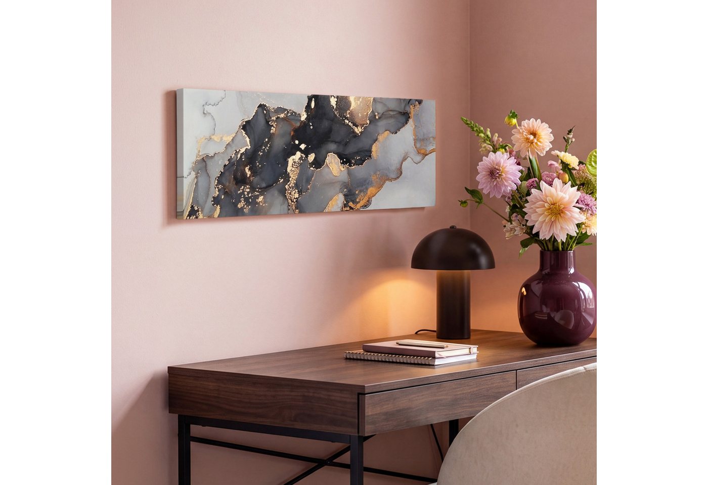 OneMillionCanvasses® Leinwandbild Panorama Schwarz - Marmor - Luxus - Gold, Fotodruck (1 St), Wandbild, Deko Schlafzimmer Wohnzimmer Flur 60x20 cm – Bild 4 von 5