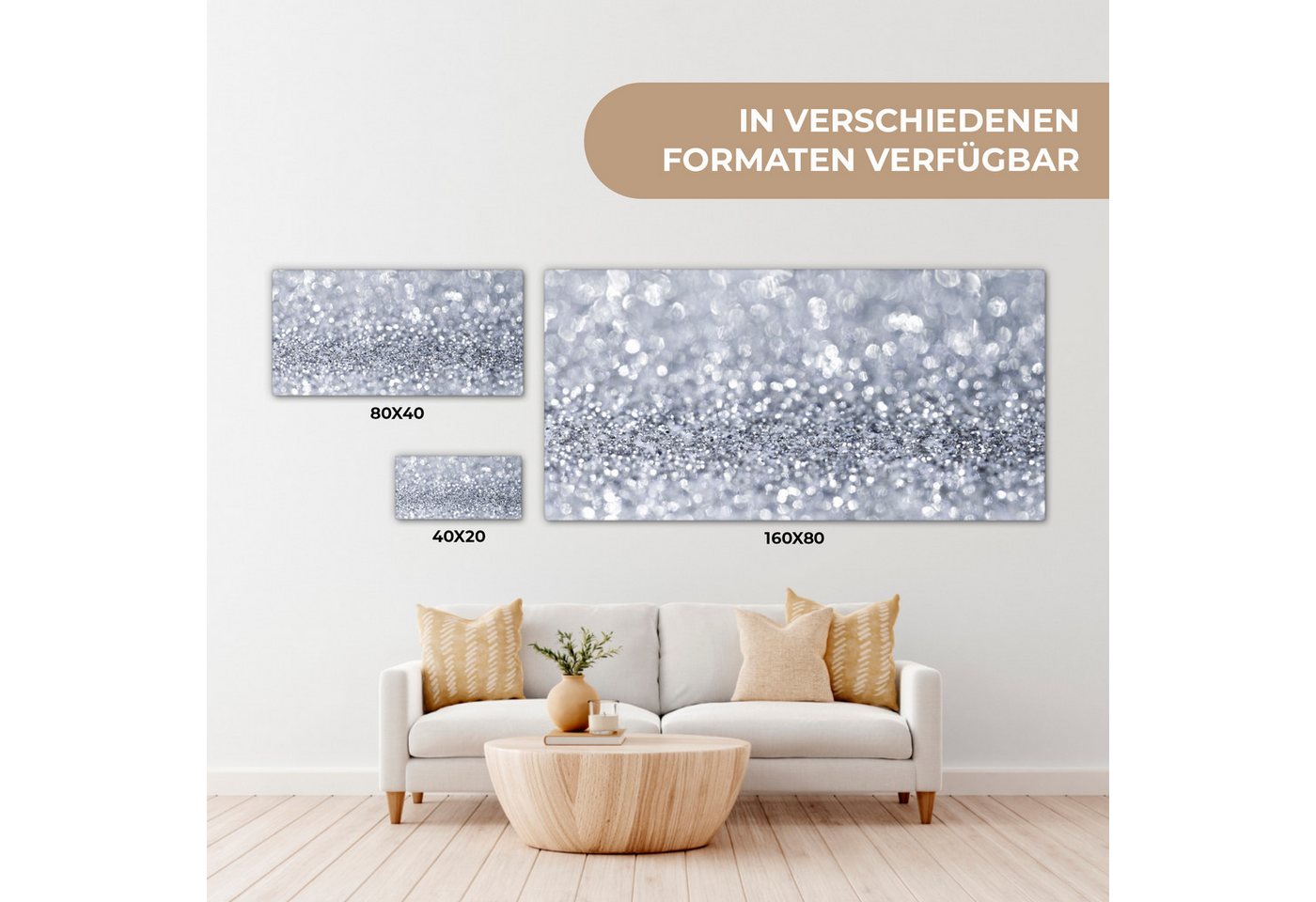 OneMillionCanvasses® Leinwandbild Panorama Silber glitzert, Fotodruck (1 St), Wandbild, Deko Schlafzimmer Wohnzimmer Flur 40x20 cm – Bild 5 von 5