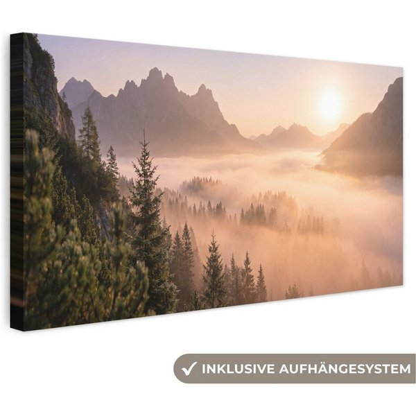 OneMillionCanvasses® Leinwandbild Panorama Sonnenlicht - Nebel - Berge - Bäume, Fotodruck (1 St), Wandbild, Deko Schlafzimmer Wohnzimmer Flur 40x20 cm
