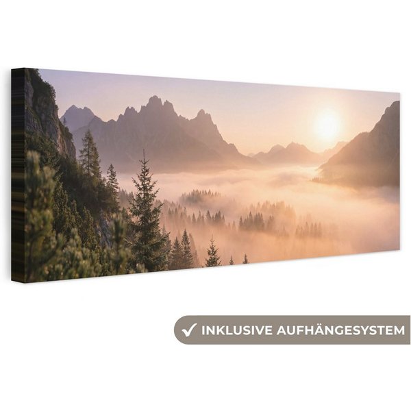 OneMillionCanvasses® Leinwandbild Panorama Sonnenlicht - Nebel - Berge - Bäume, Fotodruck (1 St), Wandbild, Deko Schlafzimmer Wohnzimmer Flur 60x20 cm