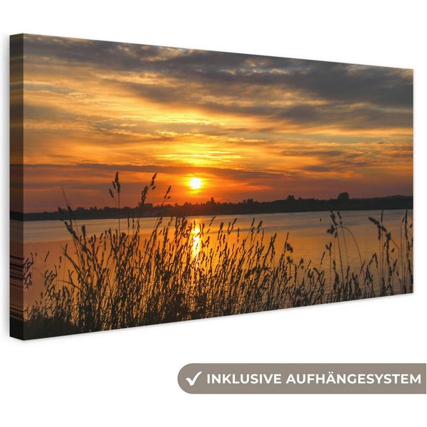 OneMillionCanvasses® Leinwandbild Panorama Sonnenuntergang - Meer - Horizont - Himmel - Pflanzen, Fotodruck (1 St), Wandbild, Deko Schlafzimmer Wohnzimmer Flur 