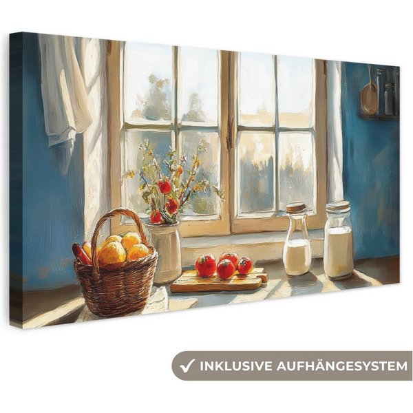 OneMillionCanvasses® Leinwandbild Panorama Stillleben - Küche - Fensterblick - Fenster - Vintage, Fotodruck (1 St), Wandbild, Deko Schlafzimmer Wohnzimmer Flur 