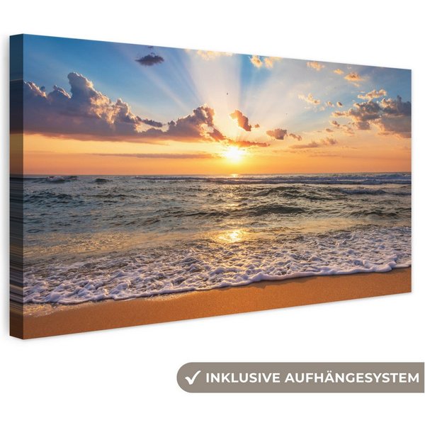 OneMillionCanvasses® Leinwandbild Panorama Strand - Sonnenuntergang - Meer - Wolken - Horizont, Fotodruck (1 St), Wandbild, Deko Schlafzimmer Wohnzimmer Flur 40
