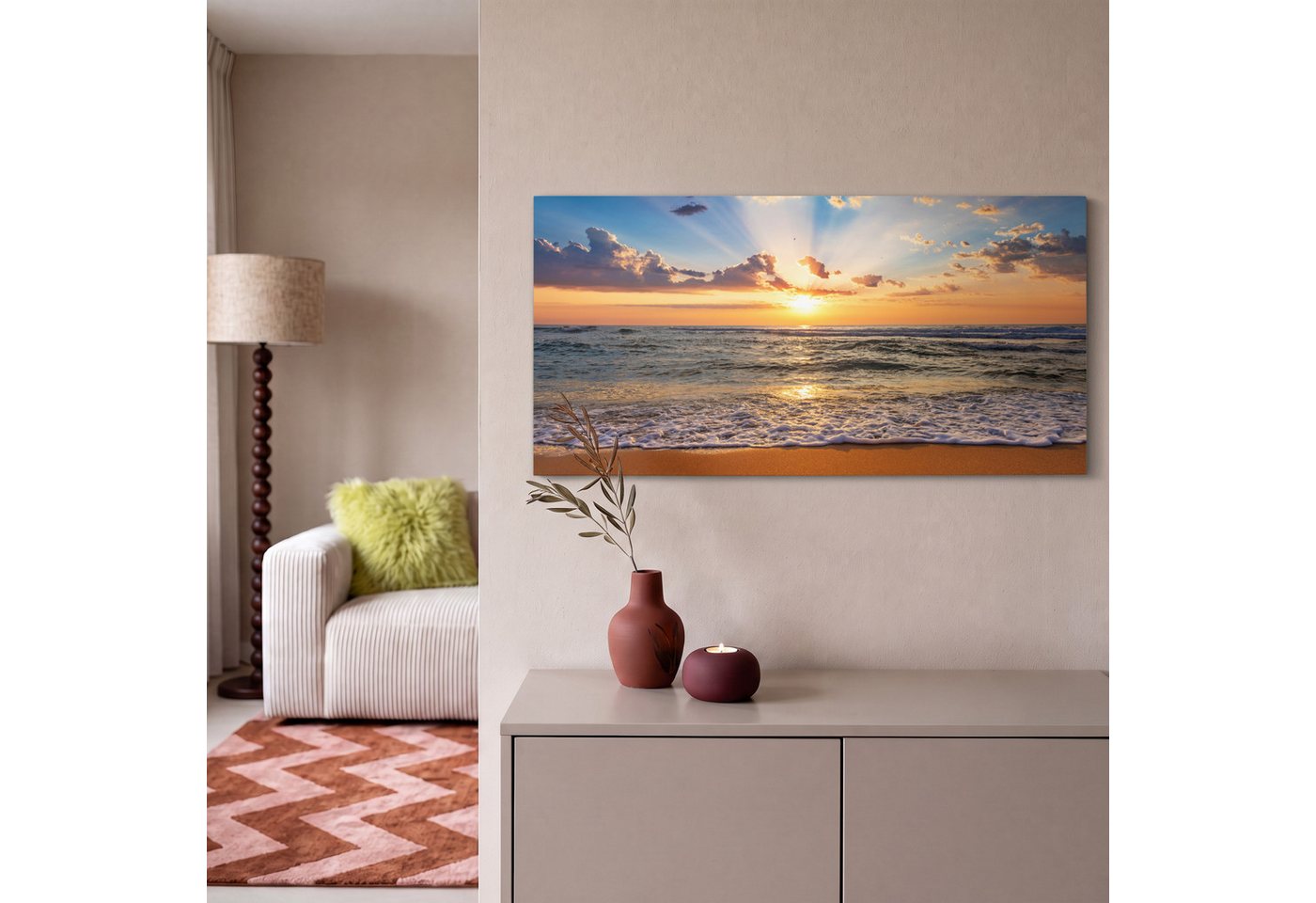 OneMillionCanvasses® Leinwandbild Panorama Strand - Sonnenuntergang - Meer - Wolken - Horizont, Fotodruck (1 St), Wandbild, Deko Schlafzimmer Wohnzimmer Flur 40 – Bild 2 von 5