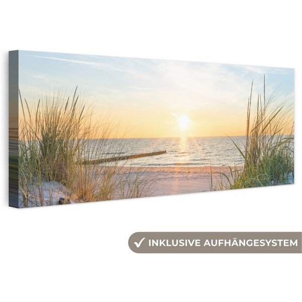 OneMillionCanvasses® Leinwandbild Panorama Strand - Sonne - Düne - Gras - Sand - Horizont, Fotodruck (1 St), Wandbild, Deko Schlafzimmer Wohnzimmer Flur 60x20 c