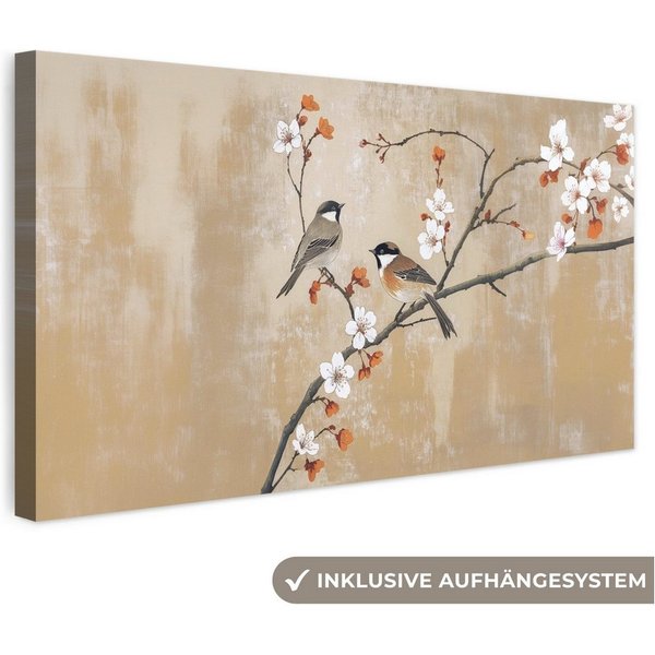 OneMillionCanvasses® Leinwandbild Panorama Vögel - Blütenzweig - Orange, Fotodruck (1 St), Wandbild, Deko Schlafzimmer Wohnzimmer Flur 40x20 cm