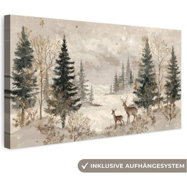 OneMillionCanvasses® Leinwandbild Panorama Wald - Hirsche - Winter - Schnee, Fotodruck (1 St), Wandbild, Deko Schlafzimmer Wohnzimmer Flur 40x20 cm