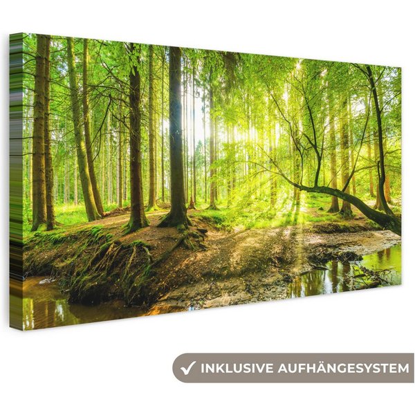 OneMillionCanvasses® Leinwandbild Panorama Wald - Landschaft - Wasser - Bäume - Sonne - Grün - Natur, Fotodruck (1 St), Wandbild, Deko Schlafzimmer Wohnzimmer F