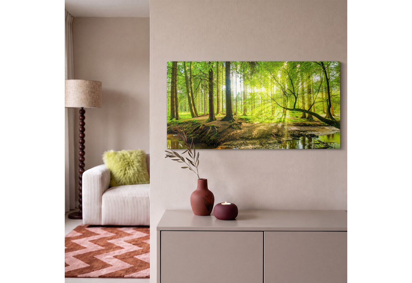OneMillionCanvasses® Leinwandbild Panorama Wald - Landschaft - Wasser - Bäume - Sonne - Grün - Natur, Fotodruck (1 St), Wandbild, Deko Schlafzimmer Wohnzimmer F – Bild 2 von 5