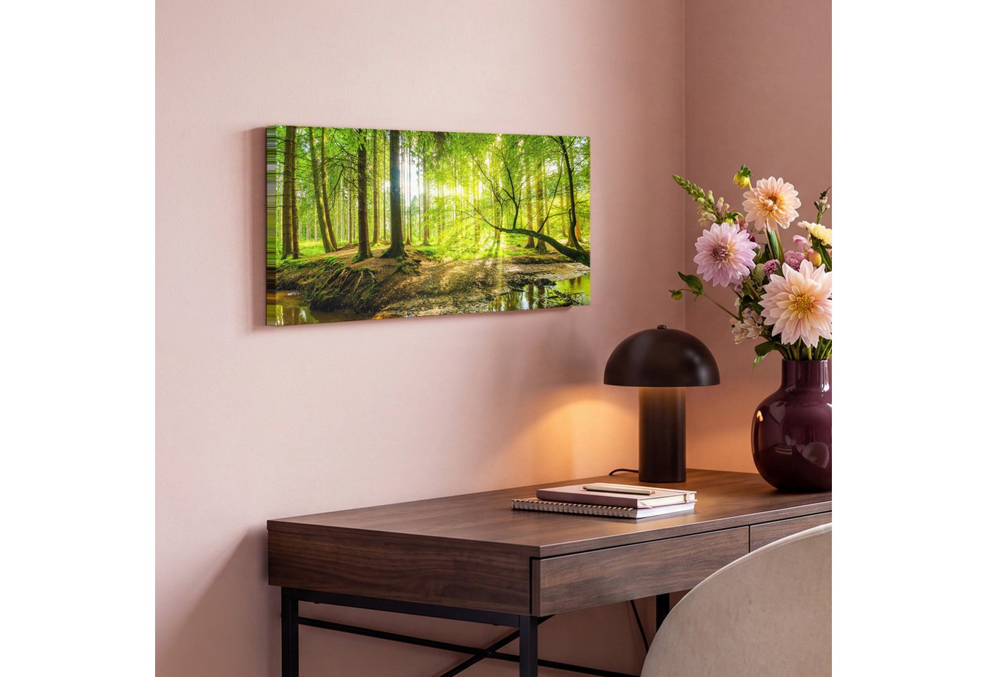 OneMillionCanvasses® Leinwandbild Panorama Wald - Landschaft - Wasser - Bäume - Sonne - Grün - Natur, Fotodruck (1 St), Wandbild, Deko Schlafzimmer Wohnzimmer F – Bild 4 von 5
