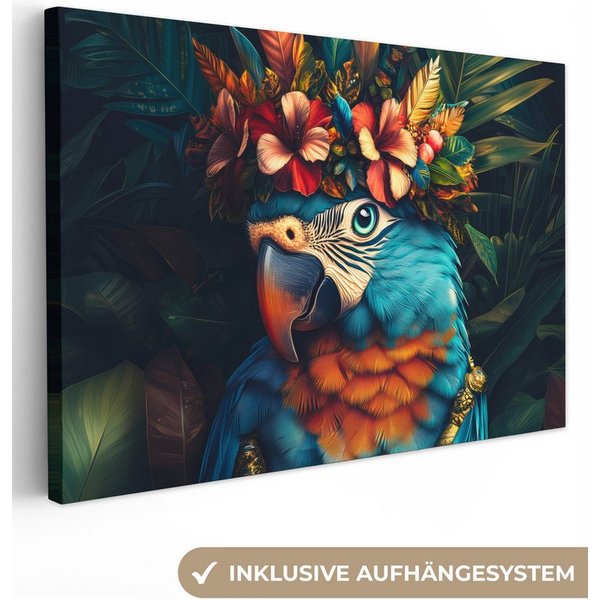 OneMillionCanvasses® Leinwandbild Papagei - Vogel - Bunt - Blumen - Blätter, Fotodruck (1 St), Leinwand Bilder Klein, Wand Dekoration Aesthetic 30x20 cm