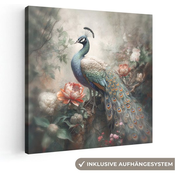 OneMillionCanvasses® Leinwandbild Pfau - Pfauenfedern - Vogel - Dschungel - Blumen, Fotodruck (1 St), Leinwand Canvas Wandbild, Wanddekoration 20x30 cm