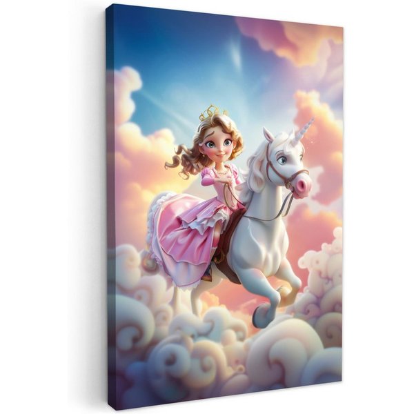 OneMillionCanvasses® Leinwandbild Prinzessin - Einhorn - Mädchen - Wolken, Fotodruck (1 St), Kinderzimmer Deko, Mädchen und Jungen Bilder 20x30 cm
