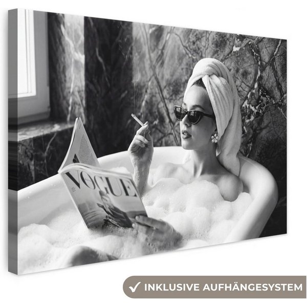 OneMillionCanvasses® Leinwandbild Relaxt - Bad - Schwarz - Weiß, Fotodruck (1 St), Leinwand Bilder Klein, Wand Dekoration Aesthetic 30x20 cm