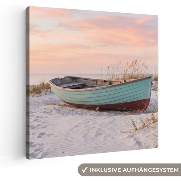 OneMillionCanvasses® Leinwandbild Rustikal - Ruderboot - Sandstrand, Fotodruck (1 St), Wandbild, Deko Schlafzimmer Wohnzimmer Flur 20x20 cm