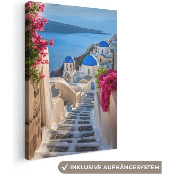 OneMillionCanvasses® Leinwandbild Santorin - Blumen - Griechenland, Fotodruck (1 St), Wandbild, Deko Schlafzimmer Wohnzimmer Flur 20x20 cm