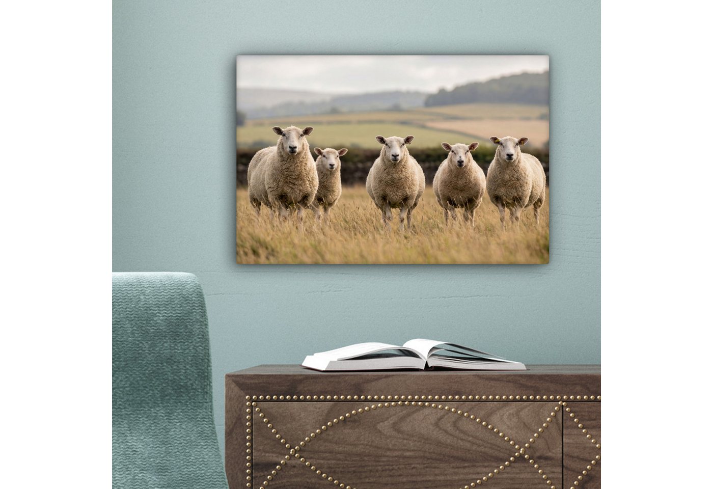OneMillionCanvasses® Leinwandbild Schafe - Weidelandschaft - Hügel, Fotodruck (1 St), Wandbild, Deko Schlafzimmer Wohnzimmer Flur 20x20 cm – Bild 4 von 5