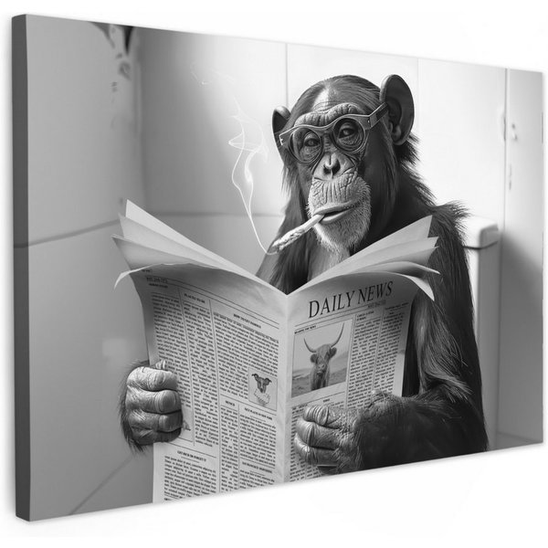 OneMillionCanvasses® Leinwandbild Schimpanse - Affe - Zeitung - Toilette - Humor, Fotodruck (1 St), Bilder für Badezimmer, Bad und Toiletten Deko, Bild WC 30x20