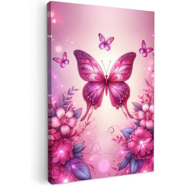 OneMillionCanvasses® Leinwandbild Schmetterling - Rosa - Blumen, Fotodruck (1 St), Kinderzimmer Deko, Mädchen und Jungen Bilder 20x30 cm