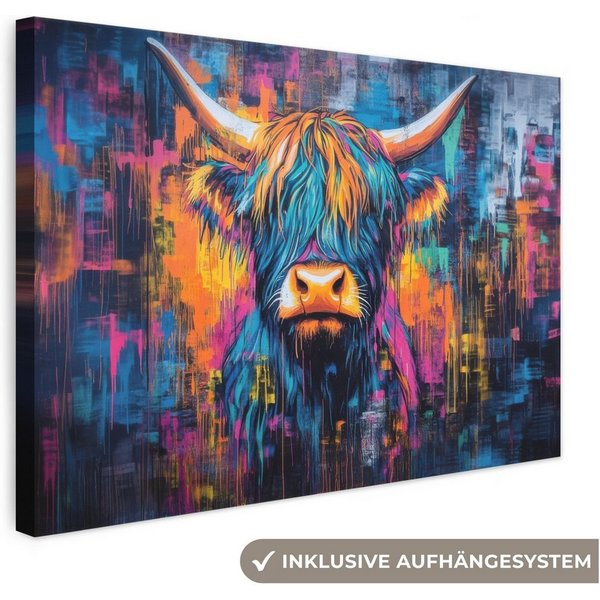 OneMillionCanvasses® Leinwandbild Schottischer Highlander - Abstrakt - Farbenfroh, Fotodruck (1 St), Leinwand Bilder Klein, Wand Dekoration Aesthetic 30x20 cm