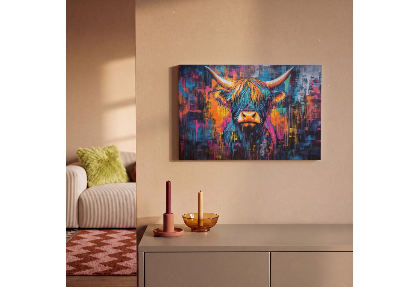 OneMillionCanvasses® Leinwandbild Schottischer Highlander - Abstrakt - Farbenfroh, Fotodruck (1 St), Leinwand Bilder Klein, Wand Dekoration Aesthetic 30x20 cm – Bild 2 von 5