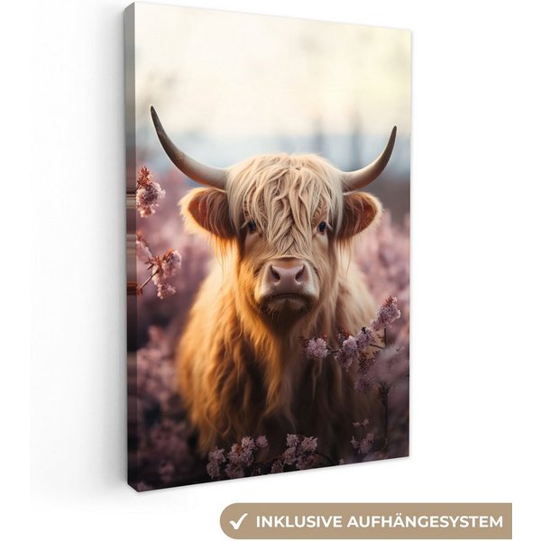 OneMillionCanvasses® Leinwandbild Schottischer Highlander - Tierporträt - Blumen - Tier, Fotodruck (1 St), Leinwand Canvas Wandbild, Wanddekoration 20x30 cm