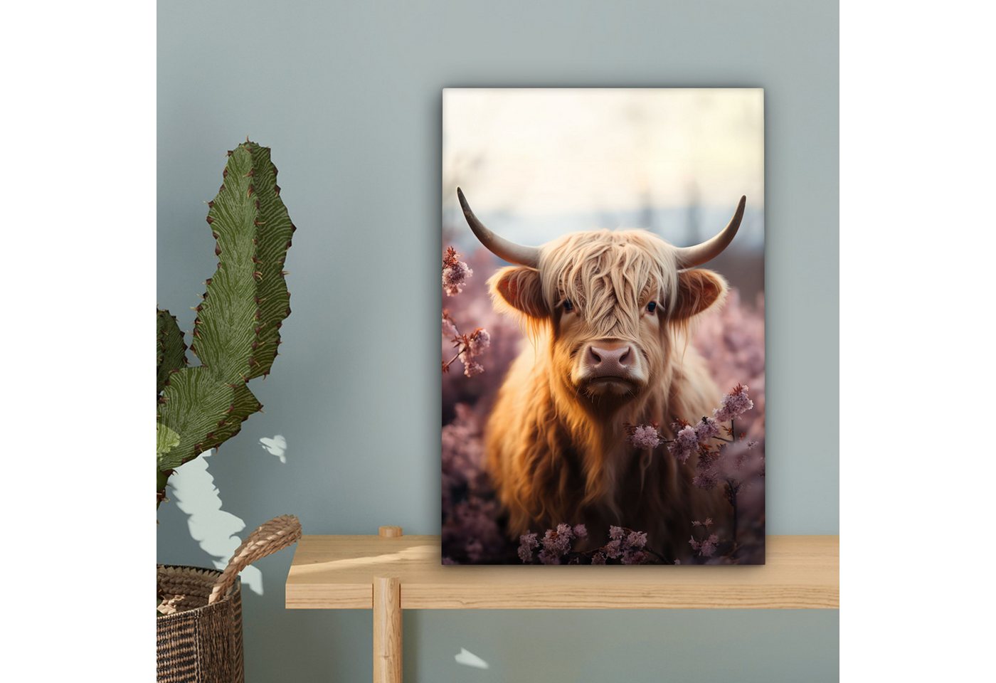 OneMillionCanvasses® Leinwandbild Schottischer Highlander - Tierporträt - Blumen - Tier, Fotodruck (1 St), Leinwand Canvas Wandbild, Wanddekoration 20x30 cm – Bild 3 von 5