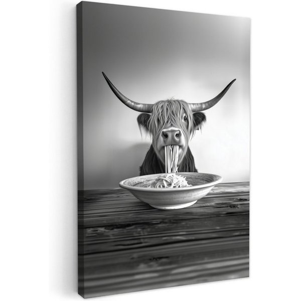 OneMillionCanvasses® Leinwandbild Schottischer Highlander - Spaghetti - Tiere - Schwarz und weiß, Fotodruck (1 St), Wandbilder für Esszimmer, Wanddeko Bilder Kü