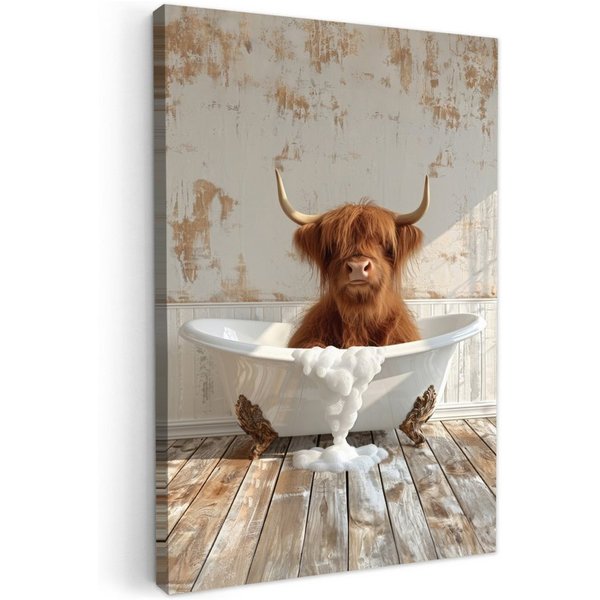 OneMillionCanvasses® Leinwandbild Schottischer Highlander - Badewanne - Vintage - Kuh, Fotodruck (1 St), Badezimmer Deko, Bilder WC, Toilette Wanddeko 20x30 cm