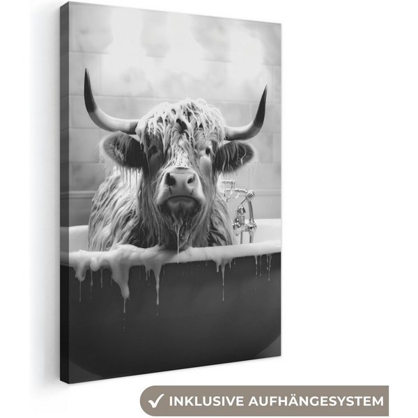 OneMillionCanvasses® Leinwandbild Schottischer Highlander - Schwarz und Weiß - Bad - Schaumstoff, Fotodruck (1 St), Leinwand Bilder Klein, Wand Dekoration Aesth