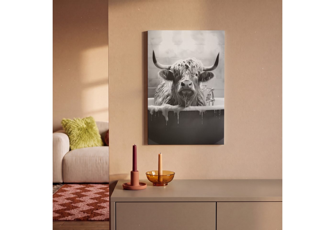 OneMillionCanvasses® Leinwandbild Schottischer Highlander - Schwarz und Weiß - Bad - Schaumstoff, Fotodruck (1 St), Leinwand Bilder Klein, Wand Dekoration Aesth – Bild 2 von 5