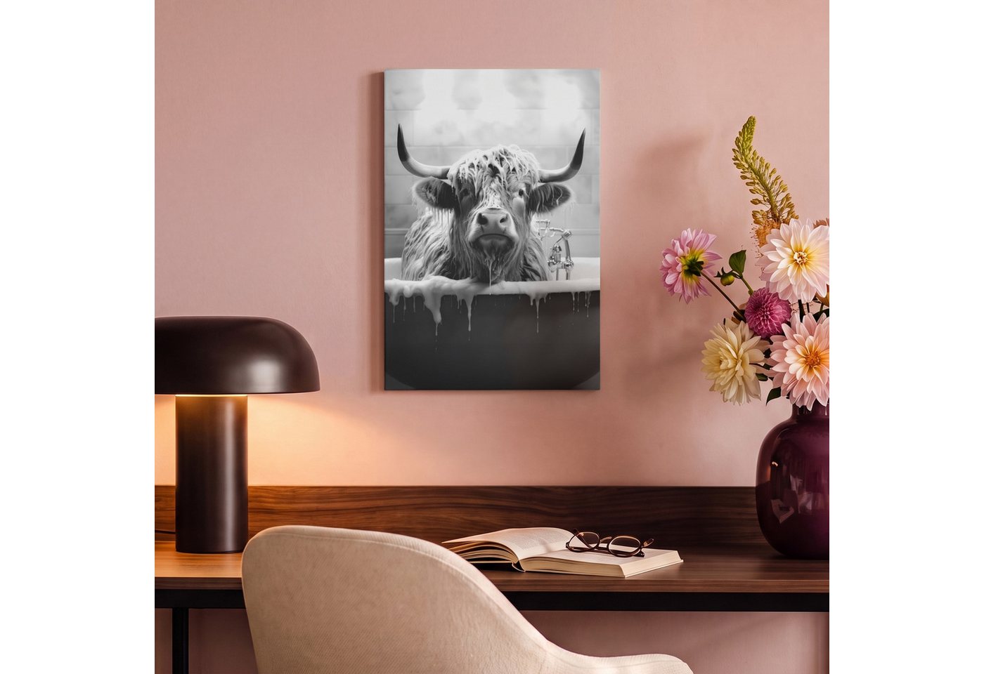 OneMillionCanvasses® Leinwandbild Schottischer Highlander - Schwarz und Weiß - Bad - Schaumstoff, Fotodruck (1 St), Leinwand Bilder Klein, Wand Dekoration Aesth – Bild 4 von 5
