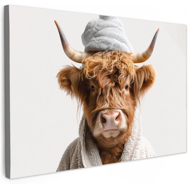 OneMillionCanvasses® Leinwandbild Schottischer Highlander - Bademantel - Kuh - Tiere, Fotodruck (1 St), Bilder für Badezimmer, Bad und Toiletten Deko, Bild WC 3