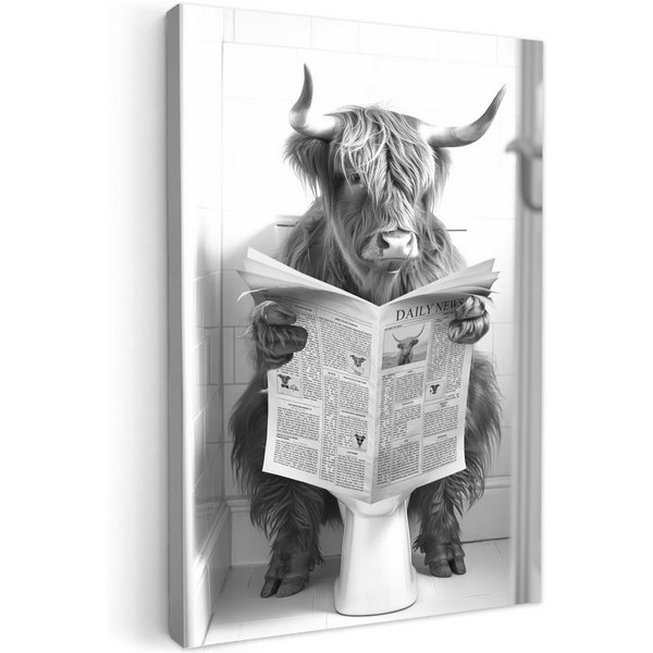 OneMillionCanvasses® Leinwandbild Schottischer Hochländer - Tier - Zeitung - WC, Fotodruck (1 St), Bilder für Badezimmer, Bad und Toiletten Deko, Bild WC 30x20 