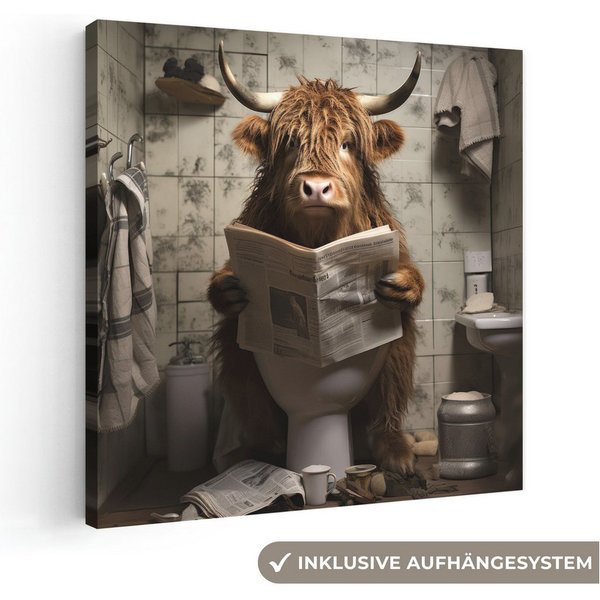 OneMillionCanvasses® Leinwandbild Scotch highlander - Toilette - Zeitung - Badezimmer, Fotodruck (1 St), Leinwand Bilder Klein, Wand Dekoration Aesthetic 30x20 