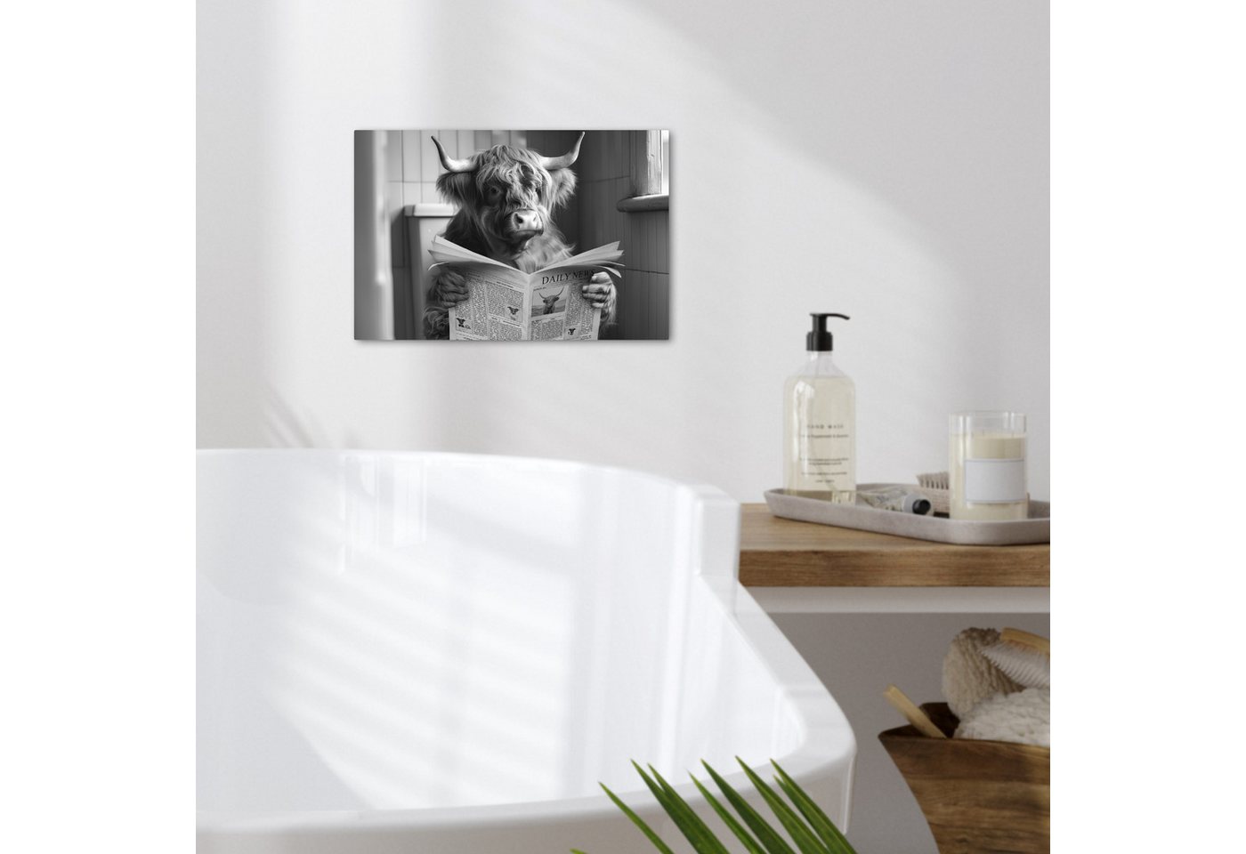 OneMillionCanvasses® Leinwandbild Scottish Highlander - Kuh - Zeitung - WC - Schwarz und weiß, Fotodruck (1 St), Bilder für Badezimmer, Bad und Toiletten Deko,  – Bild 2 von 5