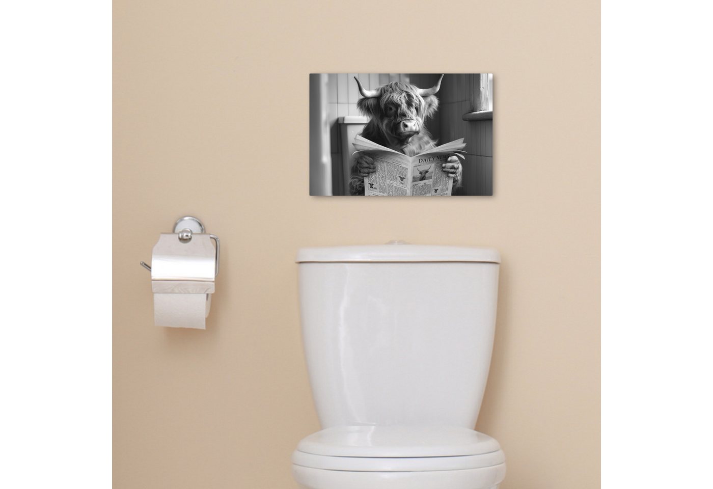 OneMillionCanvasses® Leinwandbild Scottish Highlander - Kuh - Zeitung - WC - Schwarz und weiß, Fotodruck (1 St), Bilder für Badezimmer, Bad und Toiletten Deko,  – Bild 5 von 5