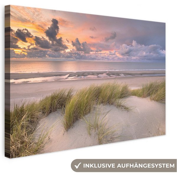 OneMillionCanvasses® Leinwandbild Sonnenuntergang - Düne - Strand - Pflanzen - Meer, Fotodruck (1 St), Leinwand Bilder Klein, Wand Dekoration Aesthetic 30x20 cm