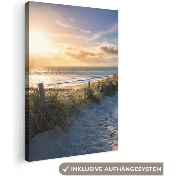 OneMillionCanvasses® Leinwandbild Sonnenuntergang - Strand - Düne - Gras - Bank, Fotodruck (1 St), Leinwand Canvas Wandbild, Wanddekoration 20x30 cm