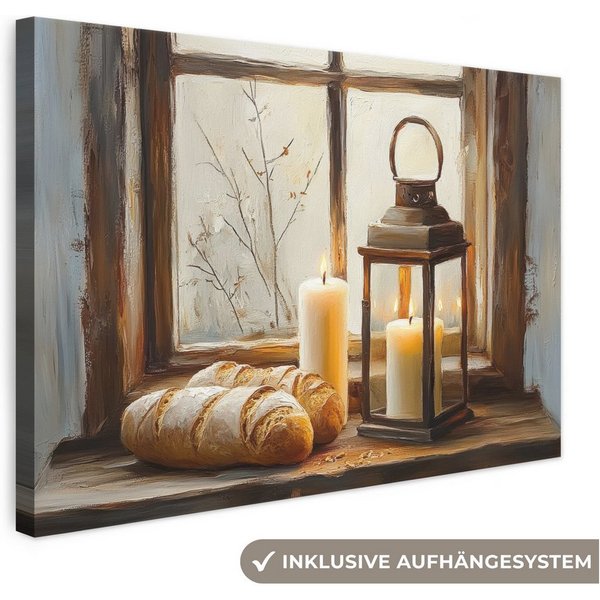 OneMillionCanvasses® Leinwandbild Stilleben - Rustikal - Kerzen - Brote - Fenster, Fotodruck (1 St), Leinwand Bilder Klein, Wand Dekoration Aesthetic 30x20 cm