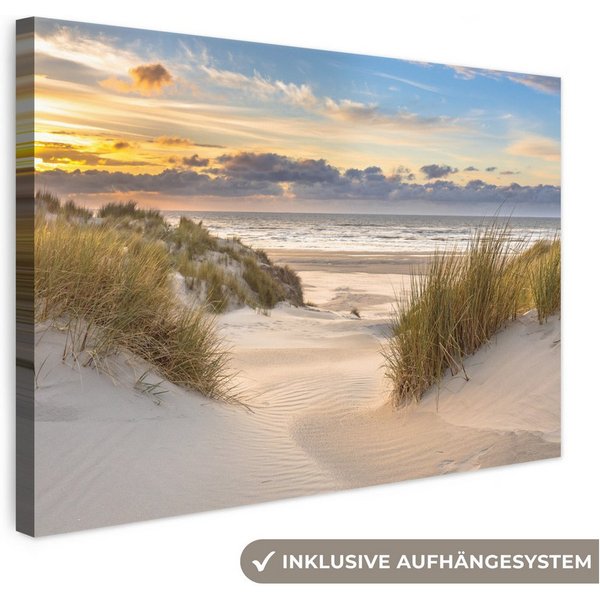 OneMillionCanvasses® Leinwandbild Strand - Düne - Gras - Sonnenuntergang - Meer, Fotodruck (1 St), Leinwand Bilder Klein, Wand Dekoration Aesthetic 30x20 cm