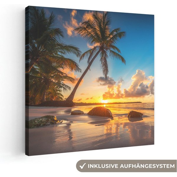 OneMillionCanvasses® Leinwandbild Strand - Meer - Palme - Sonnenuntergang, Fotodruck (1 St), Leinwand Bilder Klein, Wand Dekoration Aesthetic 30x20 cm