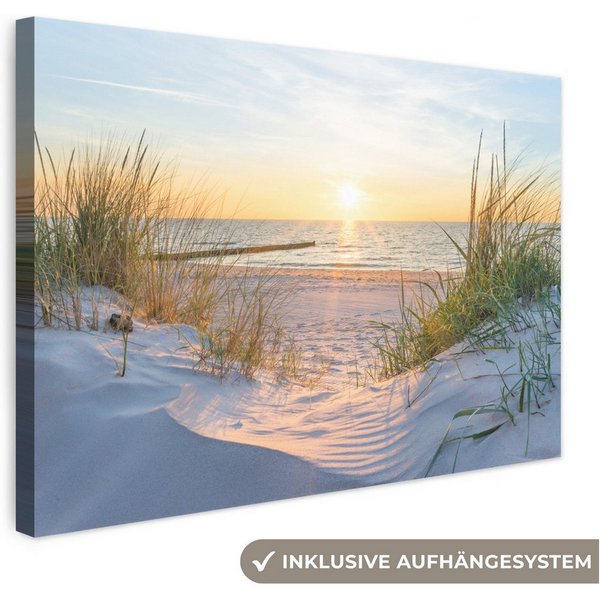 OneMillionCanvasses® Leinwandbild Strand - Sonne - Düne - Gras - Sand - Horizont, Fotodruck (1 St), Leinwand Bilder Klein, Wand Dekoration Aesthetic 30x20 cm