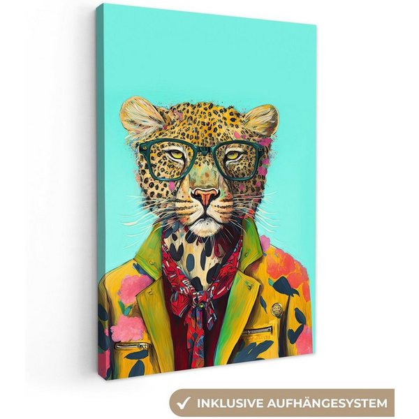 OneMillionCanvasses® Leinwandbild Tier - Brille - Leopard - Schleife - Design, Fotodruck (1 St), Leinwand Canvas Wandbild, Wanddekoration 20x30 cm