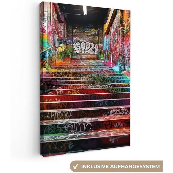 OneMillionCanvasses® Leinwandbild Treppe - Graffiti - Farben - Kunst, Fotodruck (1 St), Wandbild, Deko Schlafzimmer Wohnzimmer Flur 20x20 cm