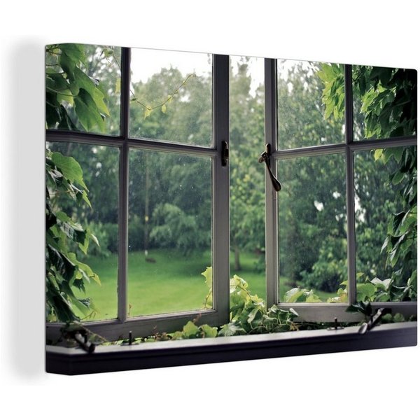 OneMillionCanvasses® Leinwandbild Überwuchertes altes Fenster, Fotodruck (1 St), Leinwand Bilder Klein, Wand Dekoration Aesthetic 30x20 cm