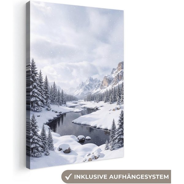 OneMillionCanvasses® Leinwandbild Verschneite Landschaft - Berge - Fluss - Winter, Fotodruck (1 St), Leinwand Canvas Wandbild, Wanddekoration 20x30 cm