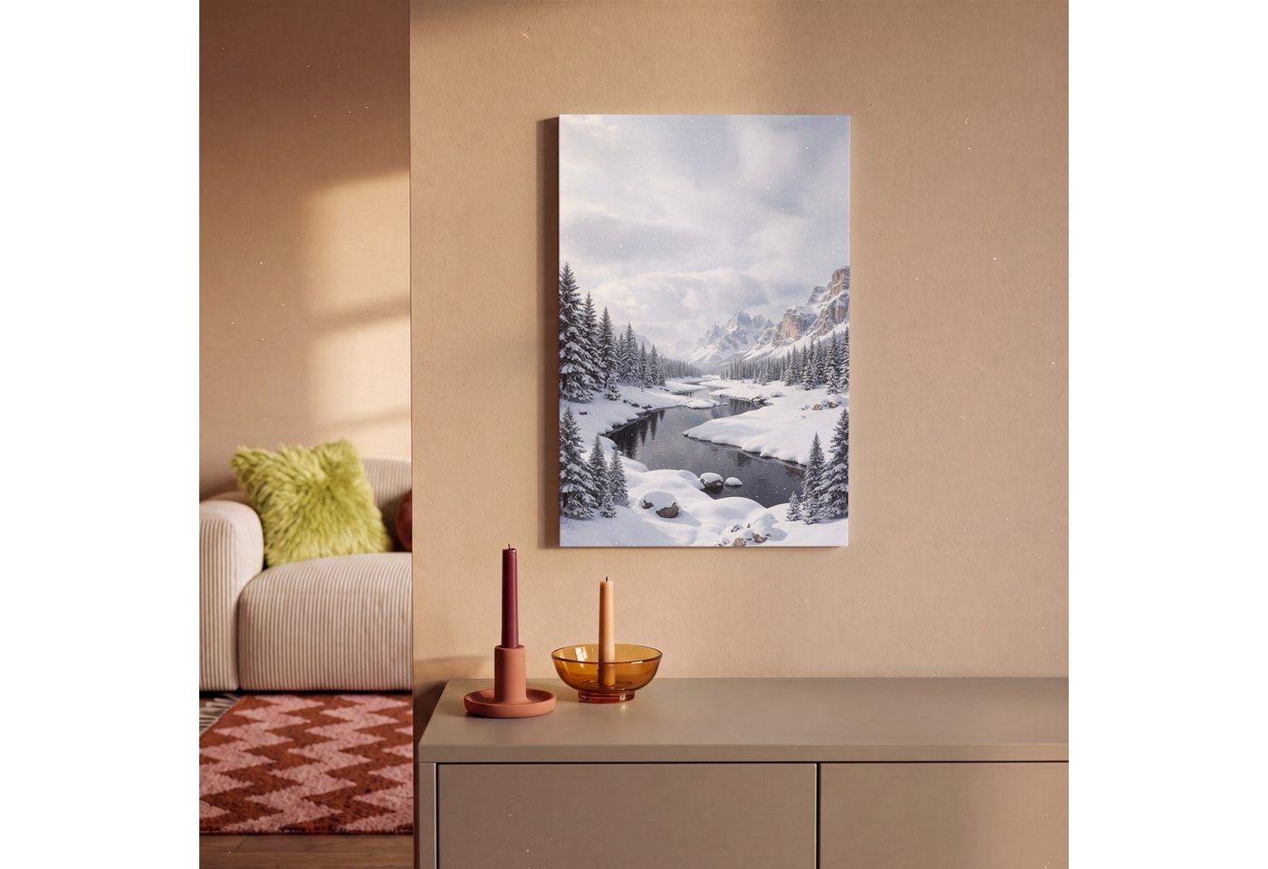 OneMillionCanvasses® Leinwandbild Verschneite Landschaft - Berge - Fluss - Winter, Fotodruck (1 St), Leinwand Canvas Wandbild, Wanddekoration 20x30 cm – Bild 2 von 5