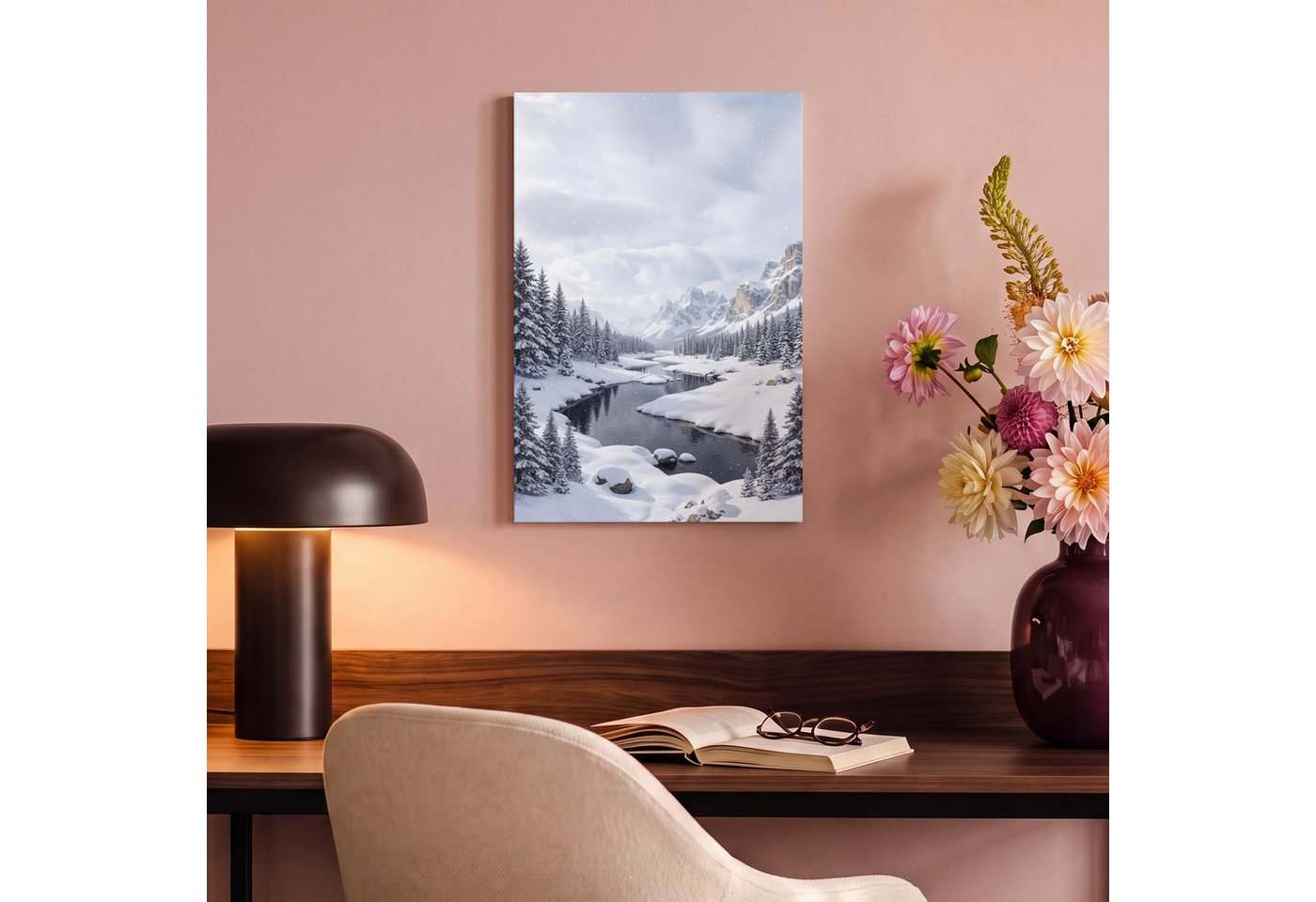 OneMillionCanvasses® Leinwandbild Verschneite Landschaft - Berge - Fluss - Winter, Fotodruck (1 St), Leinwand Canvas Wandbild, Wanddekoration 20x30 cm – Bild 4 von 5