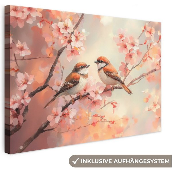 OneMillionCanvasses® Leinwandbild Vögel - Romantisch - Blühende Zweige, Fotodruck (1 St), Leinwand Bilder Klein, Wand Dekoration Aesthetic 30x20 cm